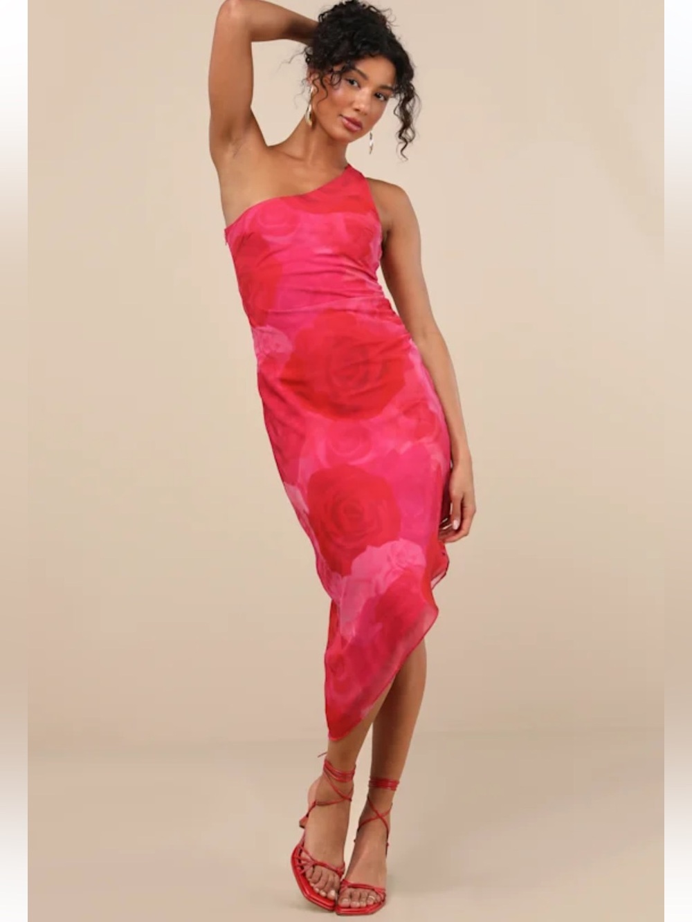 Lulus Pretty Serene Floral One Shoulder Asymmetrical Midi Dress NWT Medium Pink